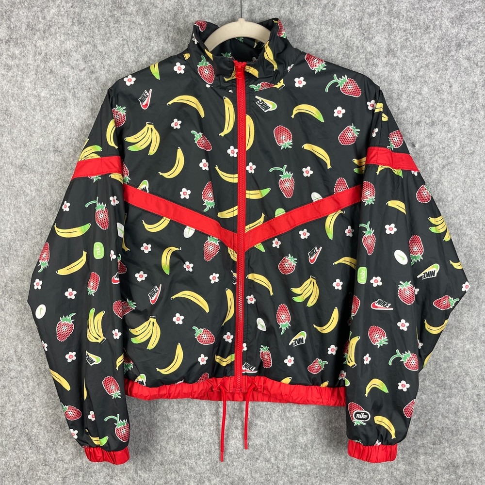 Nike Windbreaker Jacket Womens XS Fruit Black Red Full Zip Lightweight AOP